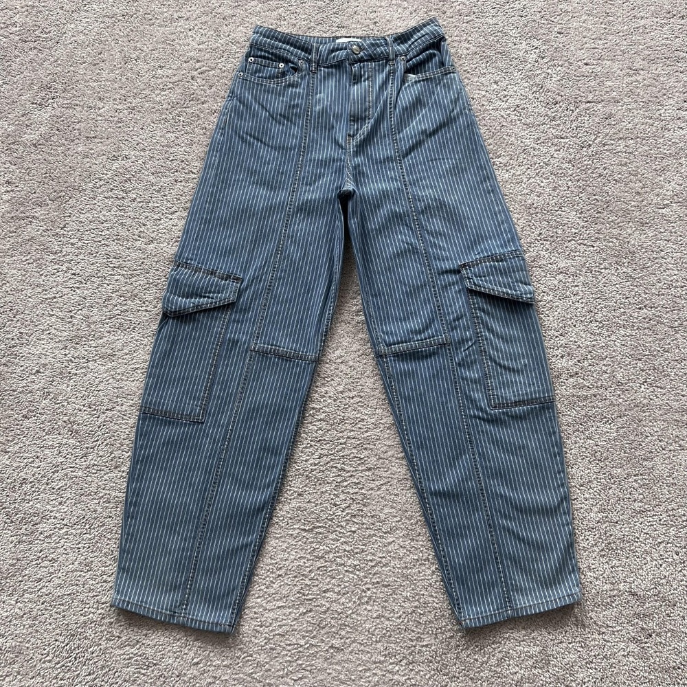 Ganni Light Striped‎ Utility Cargo Jeans Womens 26 Blue High Rise